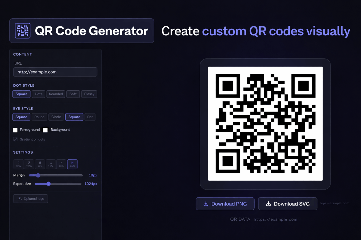 QR Code Generator Free — Custom Colors, Logo, PNG & SVG Download | DevTools